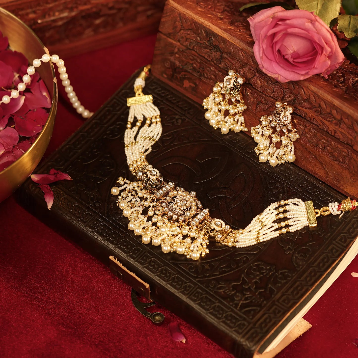 Pearl Kundan Choker Necklace Set with Earrings, Indian Bridal Jewelry, White Stone Choker, Traditional Wedding Jewelry, Gold Necklace