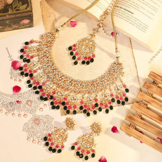 Kundan Necklace Set with Earrings Maang Tikka, Bridal Indian Jewelry Set, Gold Plated Polki Choker, Pink & Green Stone Wedding Jewelry