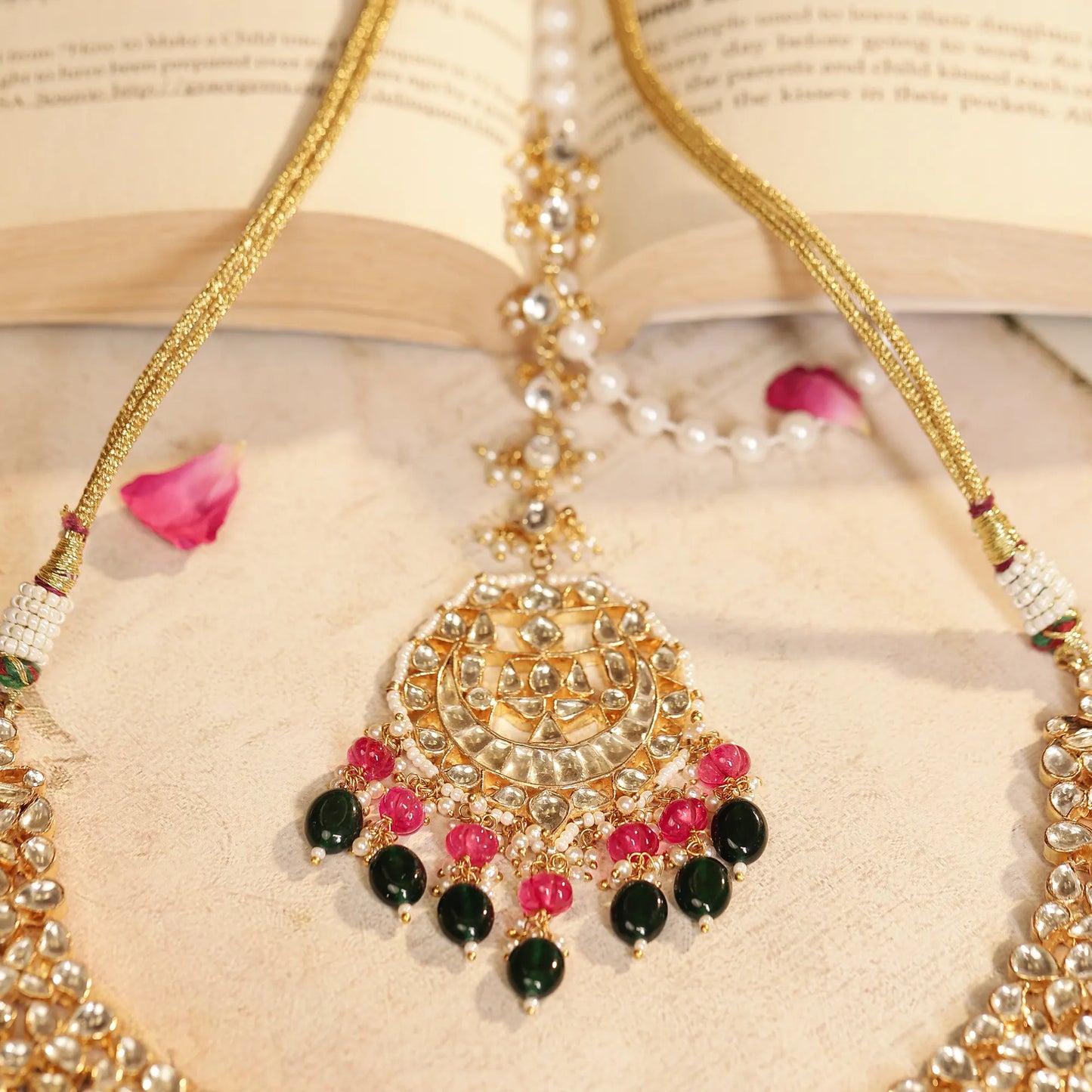 Kundan Necklace Set with Earrings Maang Tikka, Bridal Indian Jewelry Set, Gold Plated Polki Choker, Pink & Green Stone Wedding Jewelry