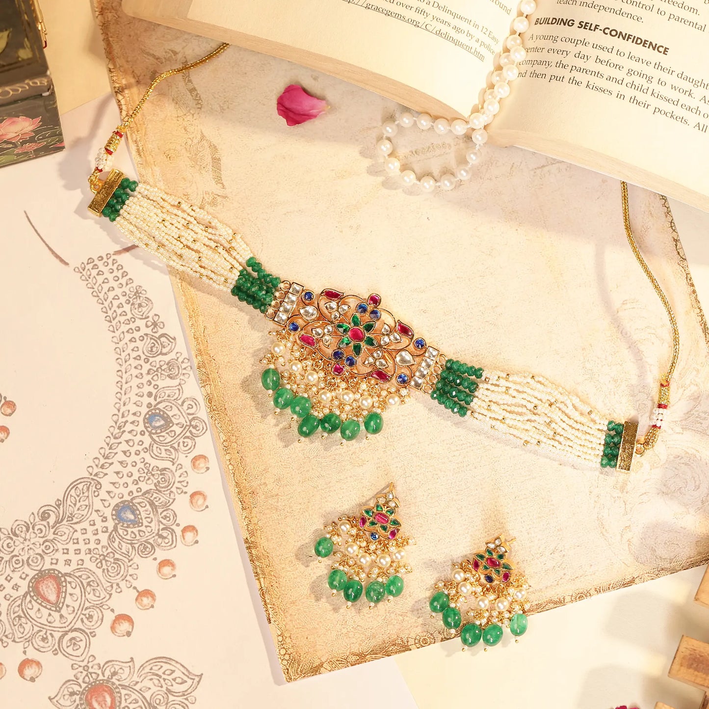 Gold Plated Kundan Choker Set, Green Bead Bridal Necklace, Handmade Indian Wedding Jewelry