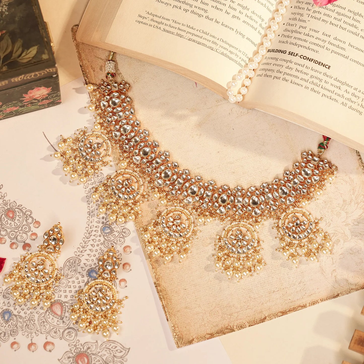 Gold Kundan Choker Necklace Set with Earrings, Bridal Polki Jewelry Set, Pearl Drop Indian Wedding Jewelry, Traditional Ethnic Statement Set