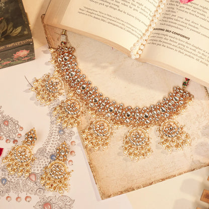 Gold Kundan Choker Necklace Set with Earrings, Bridal Polki Jewelry Set, Pearl Drop Indian Wedding Jewelry, Traditional Ethnic Statement Set
