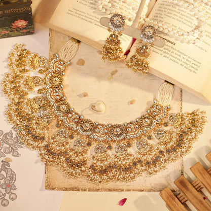 Gold Kundan Bridal Necklace Set with Pearl Jhumka Earrings, Traditional Indian Wedding Jewelry, Statement Choker Set