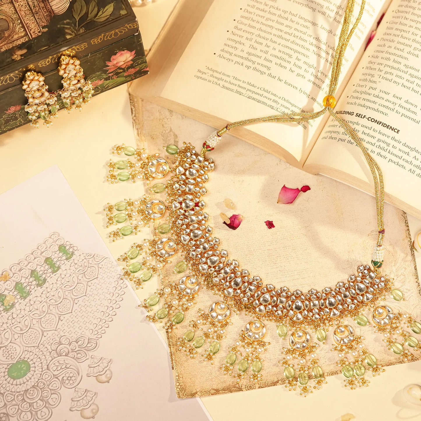 Kundan Bridal Necklace Set with Mint Green Beads, Indian Wedding Jewelry Set, Gold Pearl Choker Necklace, Pakistani Bridal Jewelry