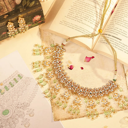 Kundan Bridal Necklace Set with Mint Green Beads, Indian Wedding Jewelry Set, Gold Pearl Choker Necklace, Pakistani Bridal Jewelry