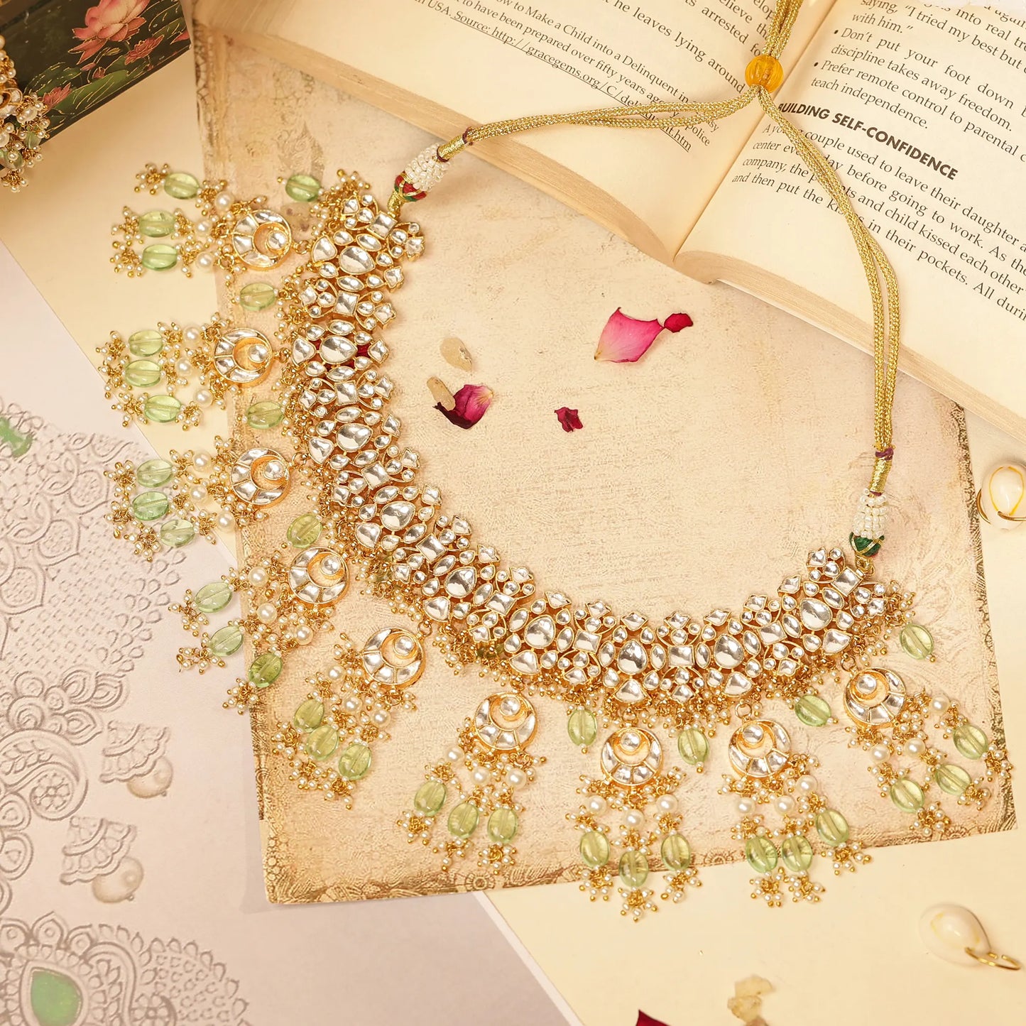 Kundan Bridal Necklace Set with Mint Green Beads, Indian Wedding Jewelry Set, Gold Pearl Choker Necklace, Pakistani Bridal Jewelry