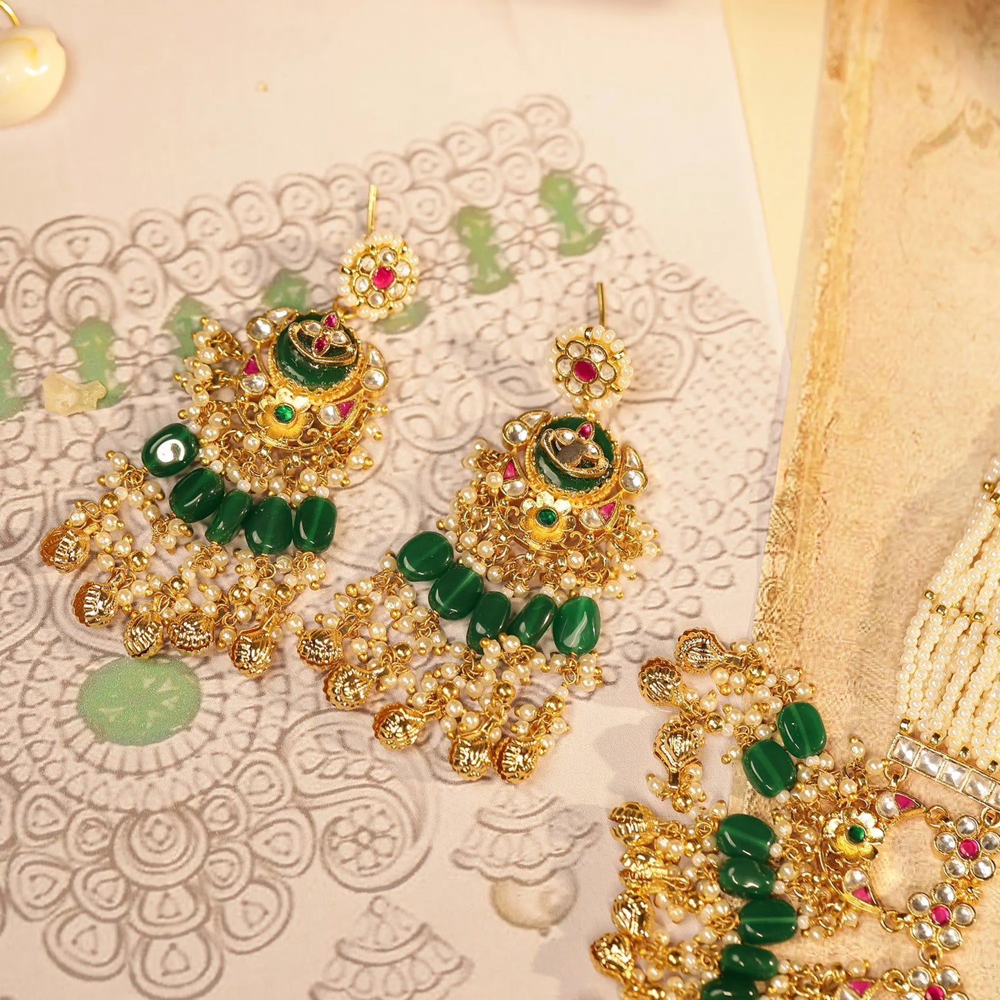 Kundan Pearl Choker Necklace Set with Green Beads, Indian Bridal Jewelry Set, Gold Polki Necklace with Earrings, Wedding Jewelry