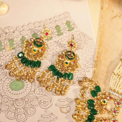 Kundan Pearl Choker Necklace Set with Green Beads, Indian Bridal Jewelry Set, Gold Polki Necklace with Earrings, Wedding Jewelry