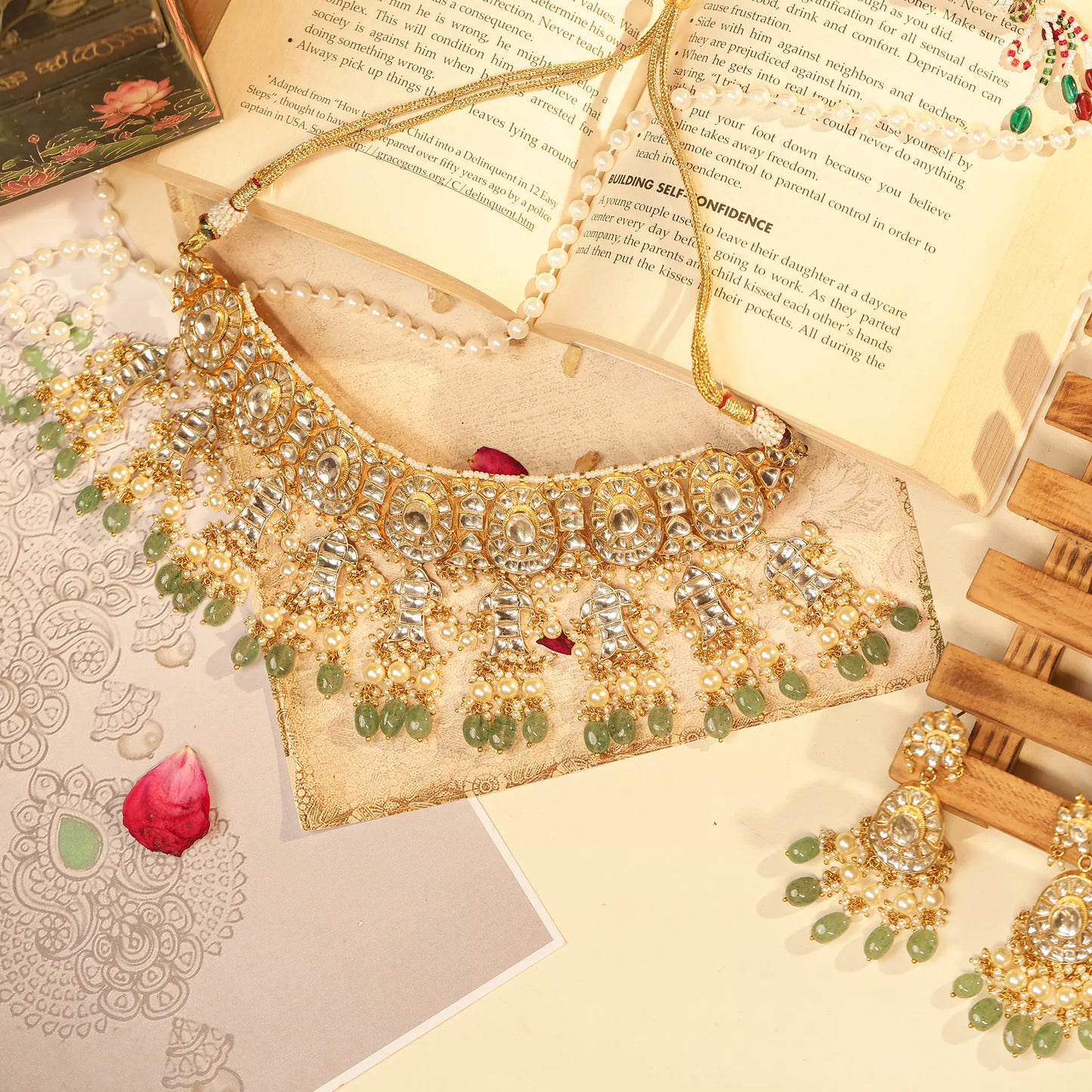 Kundan Choker Set Jewelry, Green Beads Bridal Necklace, Drop Earrings