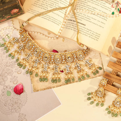 Kundan Choker Set Jewelry, Green Beads Bridal Necklace, Drop Earrings