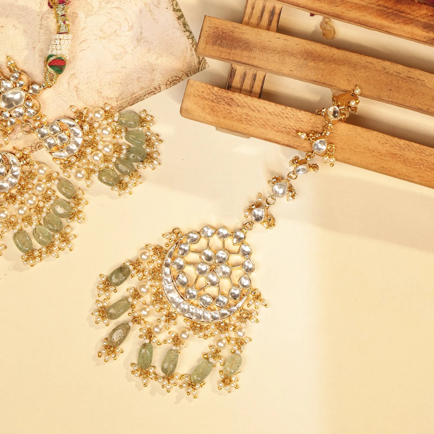 Gold Kundan Bridal Necklace Set with Maang Tikka & Jhumka Earrings, Green Beaded Wedding Jewelry, Bridal Choker Set, Pearl Polki Jewelry