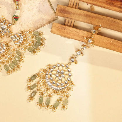 Gold Kundan Bridal Necklace Set with Maang Tikka & Jhumka Earrings, Green Beaded Wedding Jewelry, Bridal Choker Set, Pearl Polki Jewelry