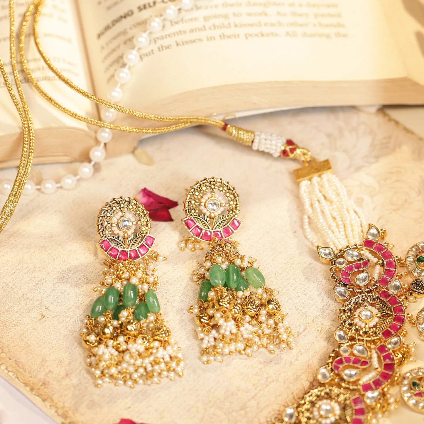 Traditional Kundan Choker Set, Gold Plated Bridal Necklace, Green Bead Earrings Jewelry Gift