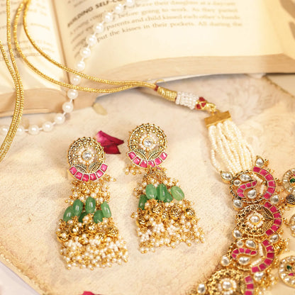 Traditional Kundan Choker Set, Gold Plated Bridal Necklace, Green Bead Earrings Jewelry Gift
