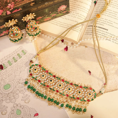 Gold Kundan Bridal Choker Set with Jhumka Earrings, Red Green Stone Necklace, Indian Wedding Jewelry Set, Pearl Drop Bridal Jewelry