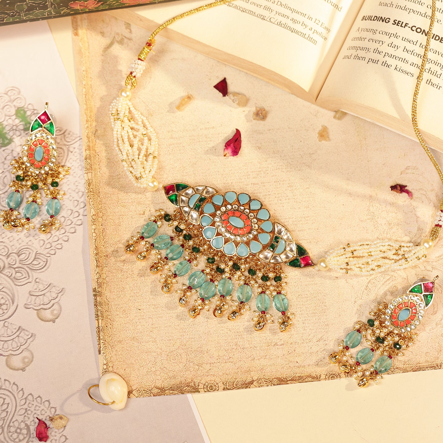 Blue Kundan Choker Necklace Set Pearl Multi-Strand Polki