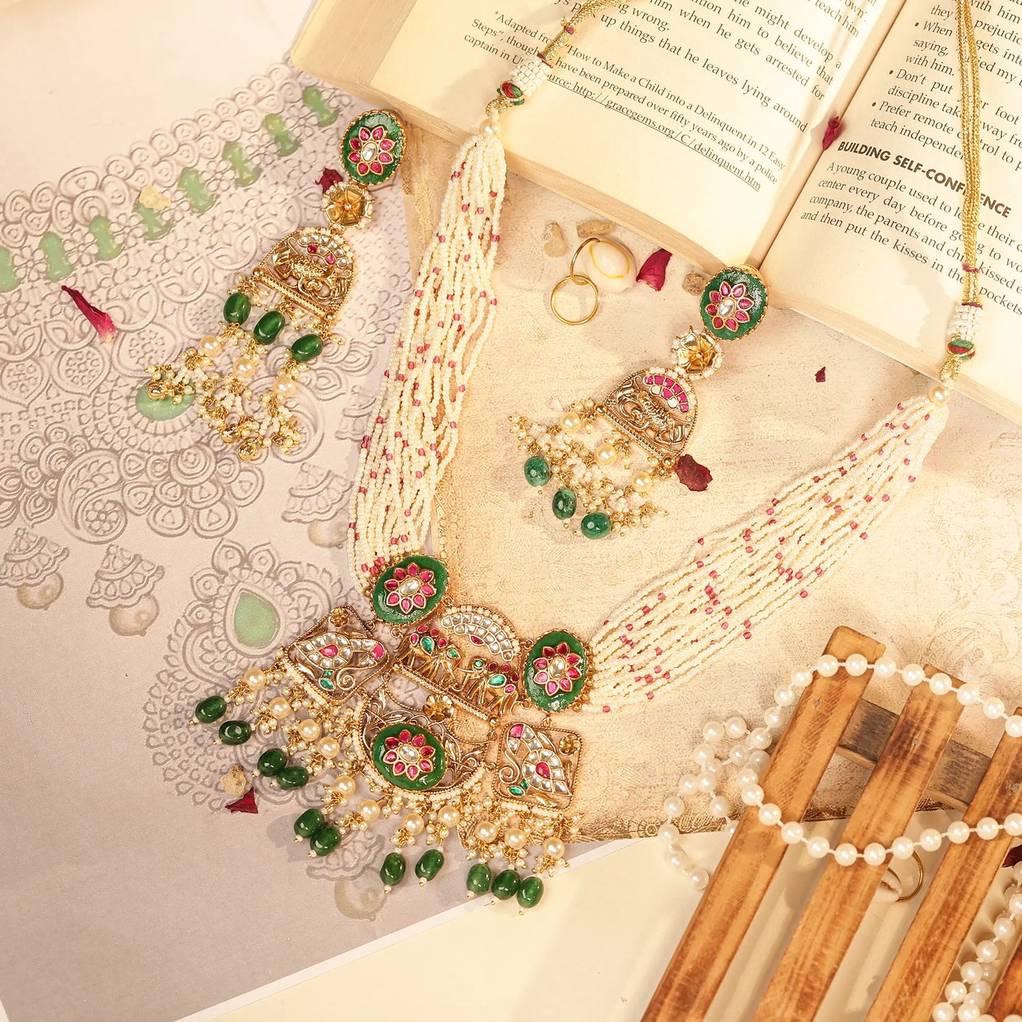 Multi Strand Pearl Choker Necklace Set with Green Kundan Pendant, Indian Bridal Jewelry, Wedding Necklace, Gold Choker with Earrings