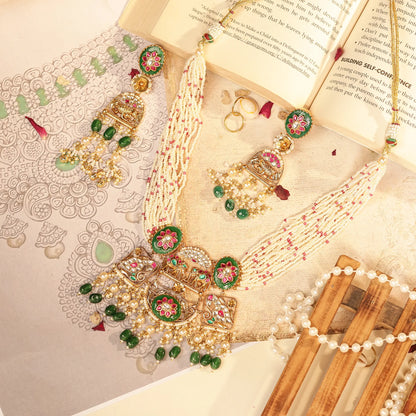 Multi Strand Pearl Choker Necklace Set with Green Kundan Pendant, Indian Bridal Jewelry, Wedding Necklace, Gold Choker with Earrings