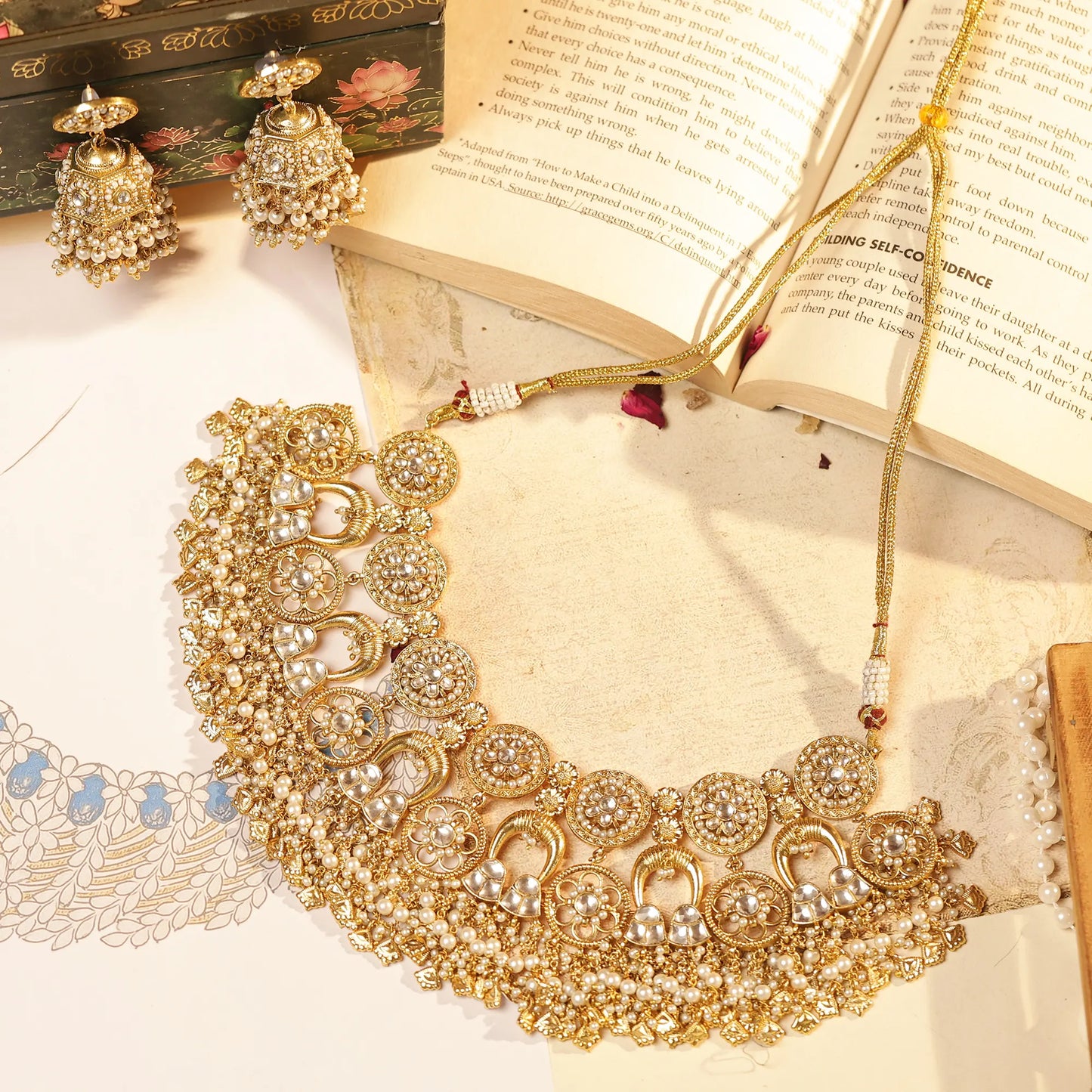 Gold Kundan Bridal Necklace Set with Pearl Jhumka Earrings, Traditional Indian Wedding Jewelry, Statement Choker Set