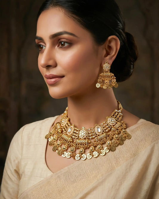 Indian Traditional Kundan Necklace Set in Antique Gold Finish