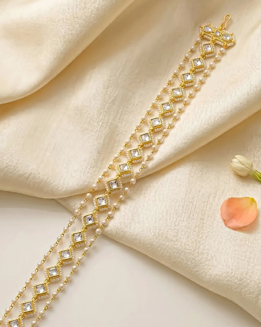 Kundan Pearl Matha Patti Headpiece, Gold Boho Bridal Wedding Hair Accessory