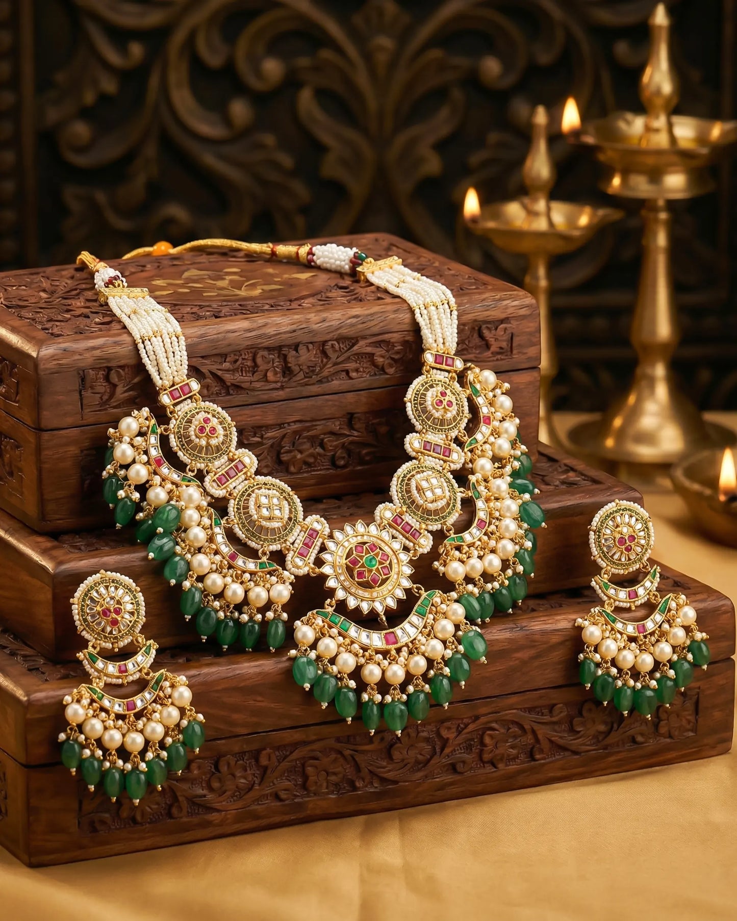 Indian Bridal Necklace Set, Gold Kundan Choker with Green Beads, Pearl Drops