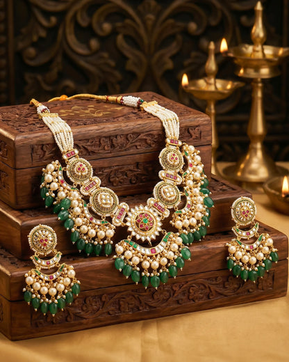 Indian Bridal Necklace Set, Gold Kundan Choker with Green Beads, Pearl Drops