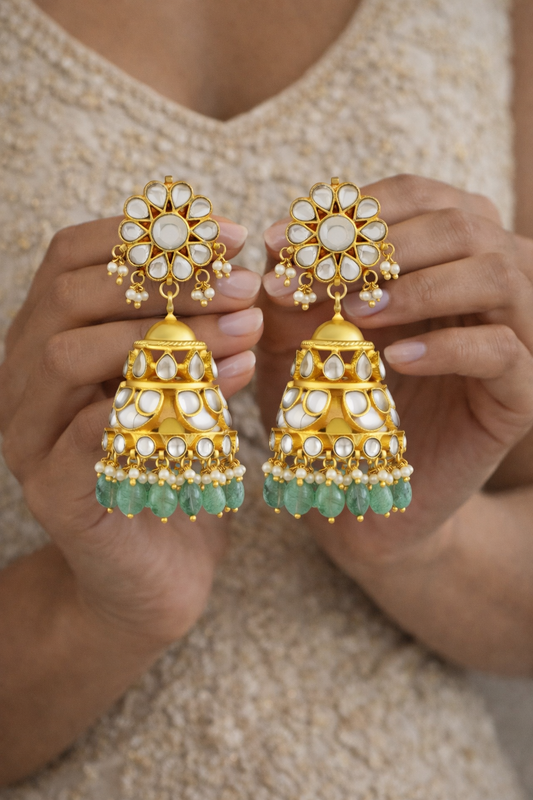 Traditional Jadau Jhumka Earrings, 18K Gold Plated Polki Pearl and Green Bead Drops