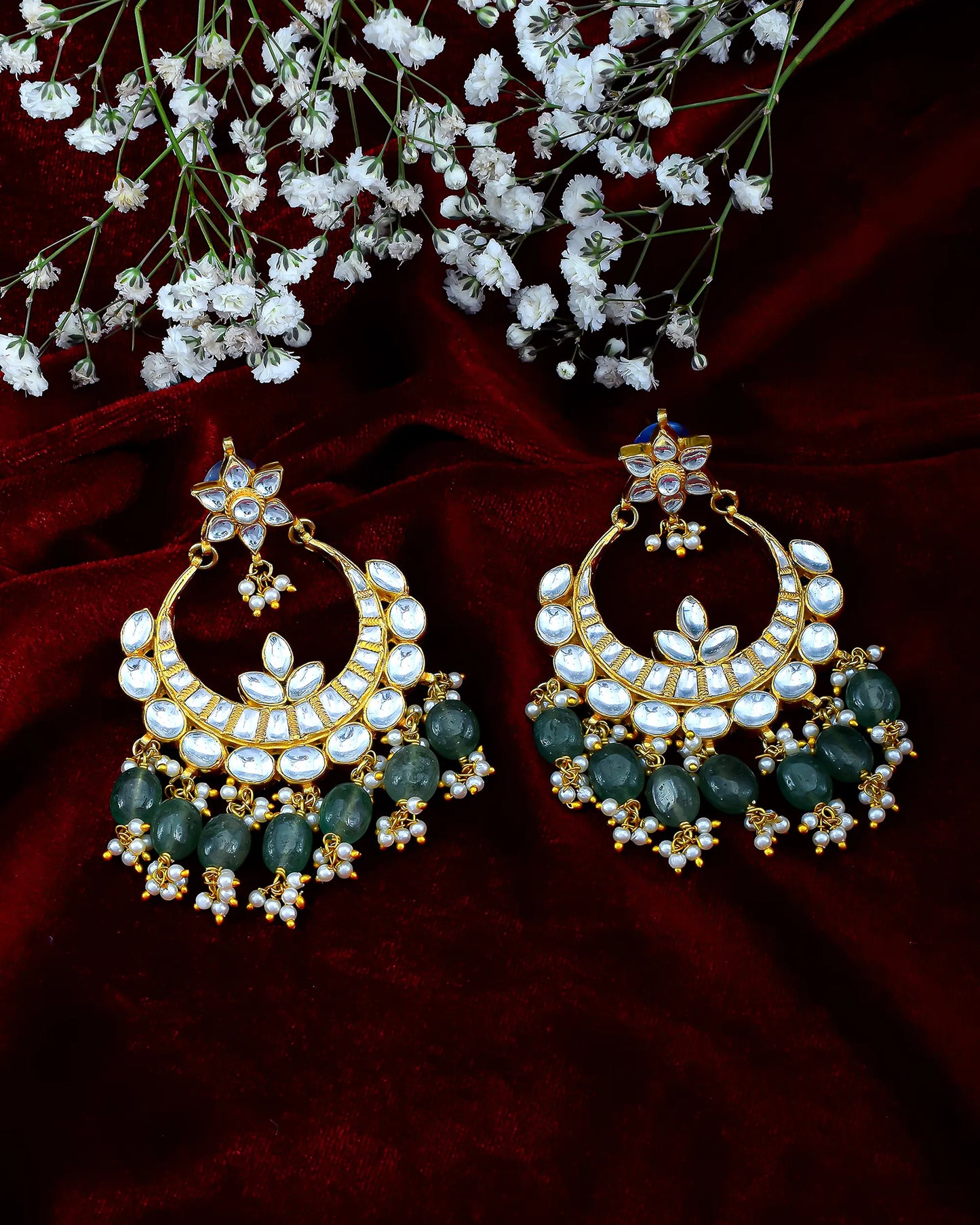 Bridal Jadau Chandbali Earrings with Pearls Green Beads