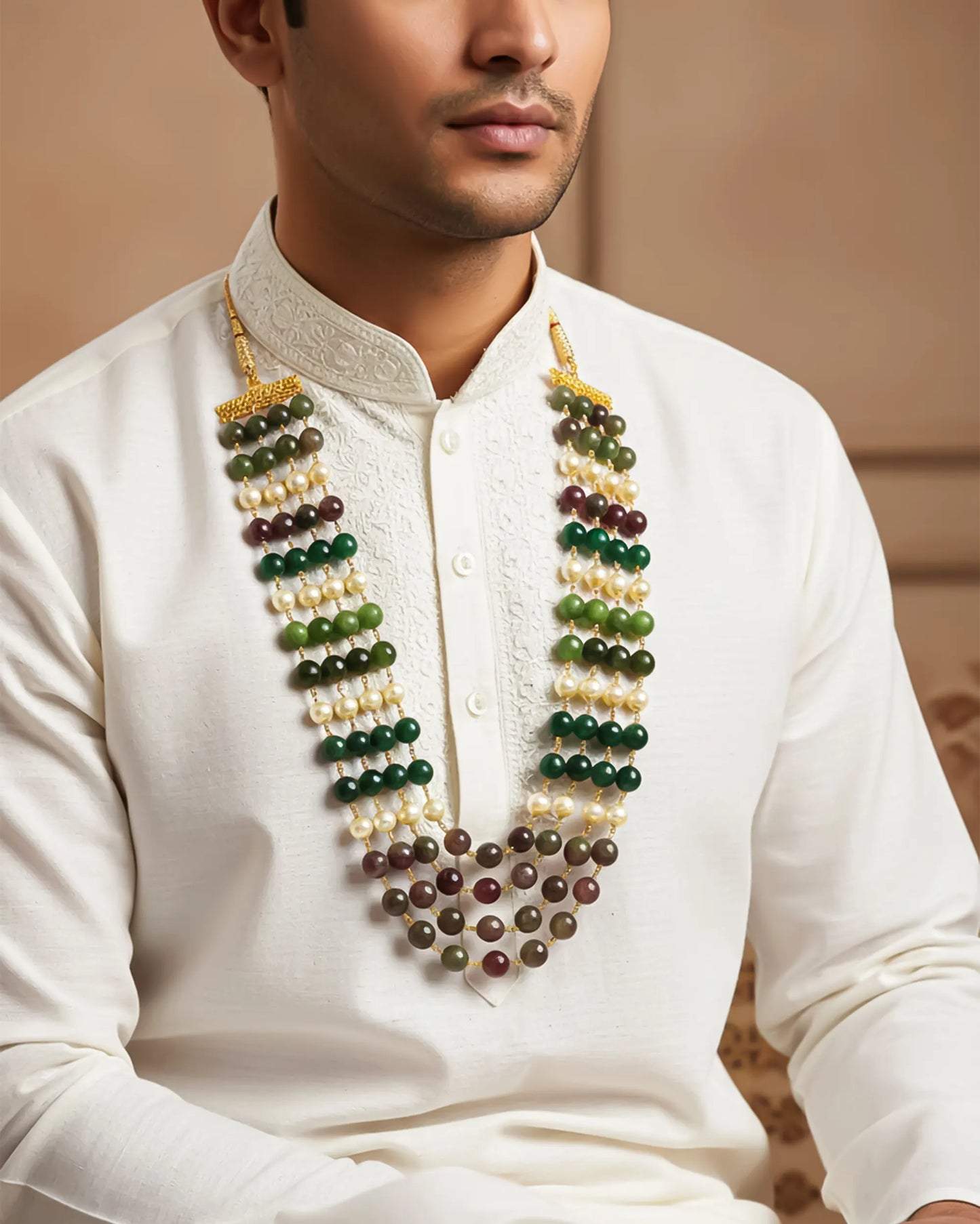 Multi-Layer Groom Mala with Green Beads & Pearl Accents – Traditional Wedding Necklace for Groom Jewelry