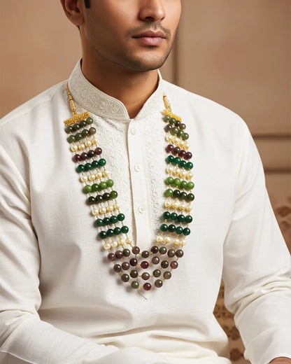 Multi-Layer Groom Mala with Green Beads & Pearl Accents – Traditional Wedding Necklace for Groom Jewelry
