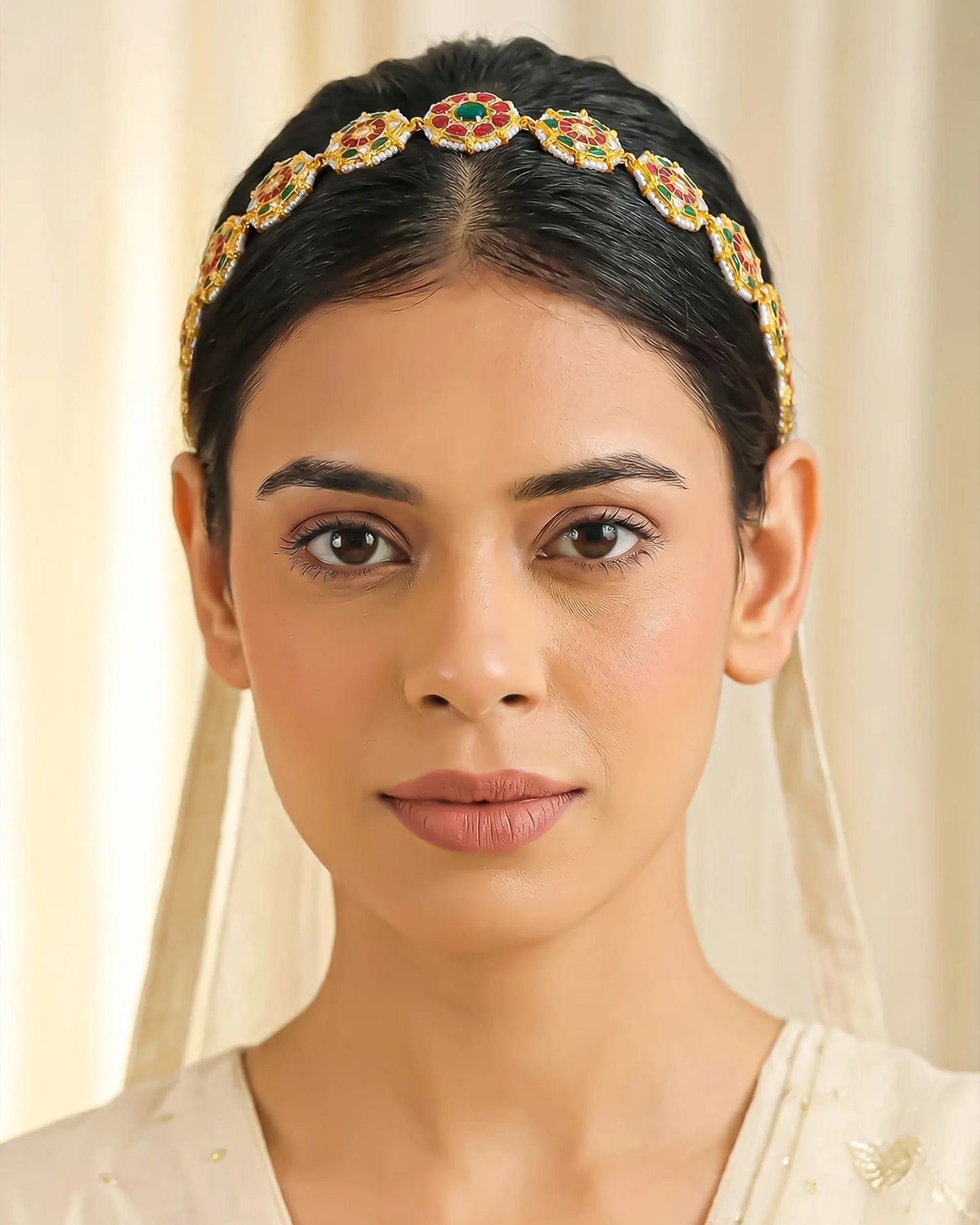 Bridal Kundan Matha Patti Headpiece, Pearl Floral Wedding Jewelry, Boho Forehead Chain