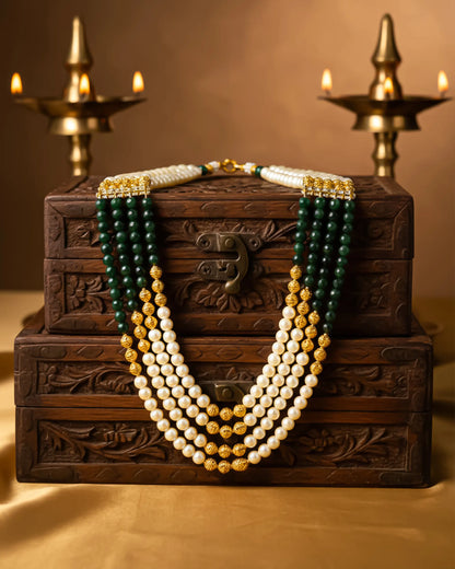Wedding Groom Mala Necklace, Multi Layer Pearl & Green Beaded Dulha Jewelry, Indian Groom Accessories