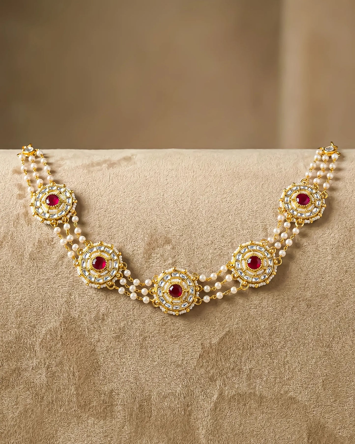 Kundan Pearl Matha Patti, Gold Red Boho Bridal Wedding Headpiece