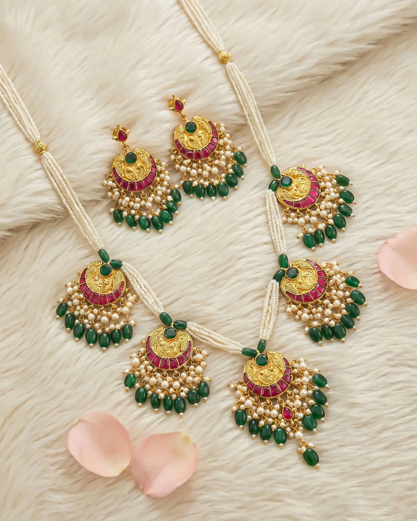 Kundan Meenakari Pearl Necklace Set with Dangle Earrings, Green Beads, Pearl Bridal Jewelry