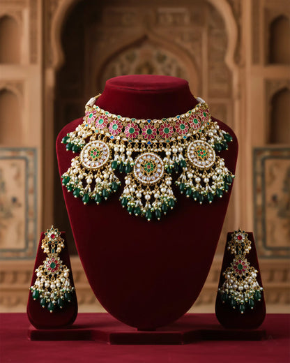 Bridal Antique Gold Choker Necklace Set with Earrings Kundan Meenakari and Green Beads