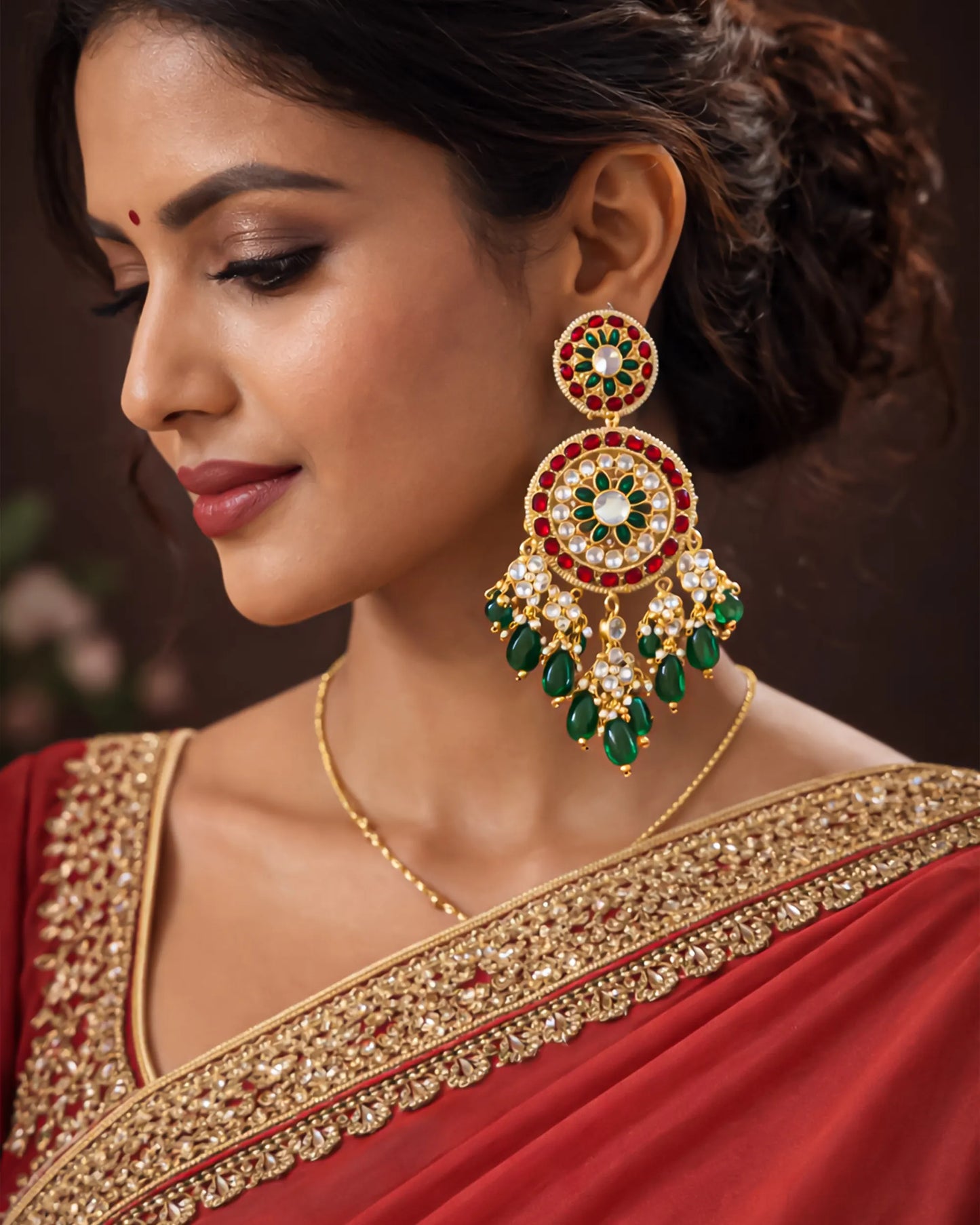 Long Gold-Plated Polki Jadau Earrings, Green Bead Drops Floral Jewelry