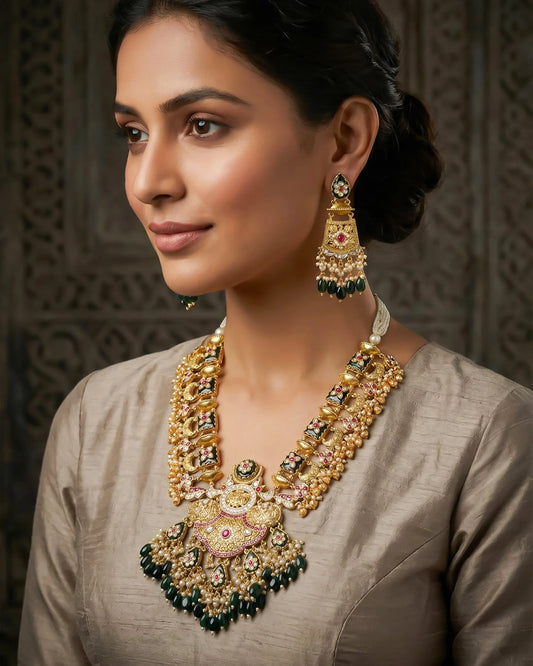 Antique Gold Kundan Meenakari Bridal Necklace Set with Earrings | Indian Wedding Jewelry