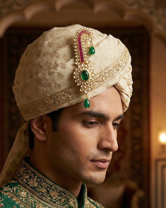 Traditional Rajwadi Groom Kalingi, Gold Plated Multi-Stone Wedding Safa Accessory