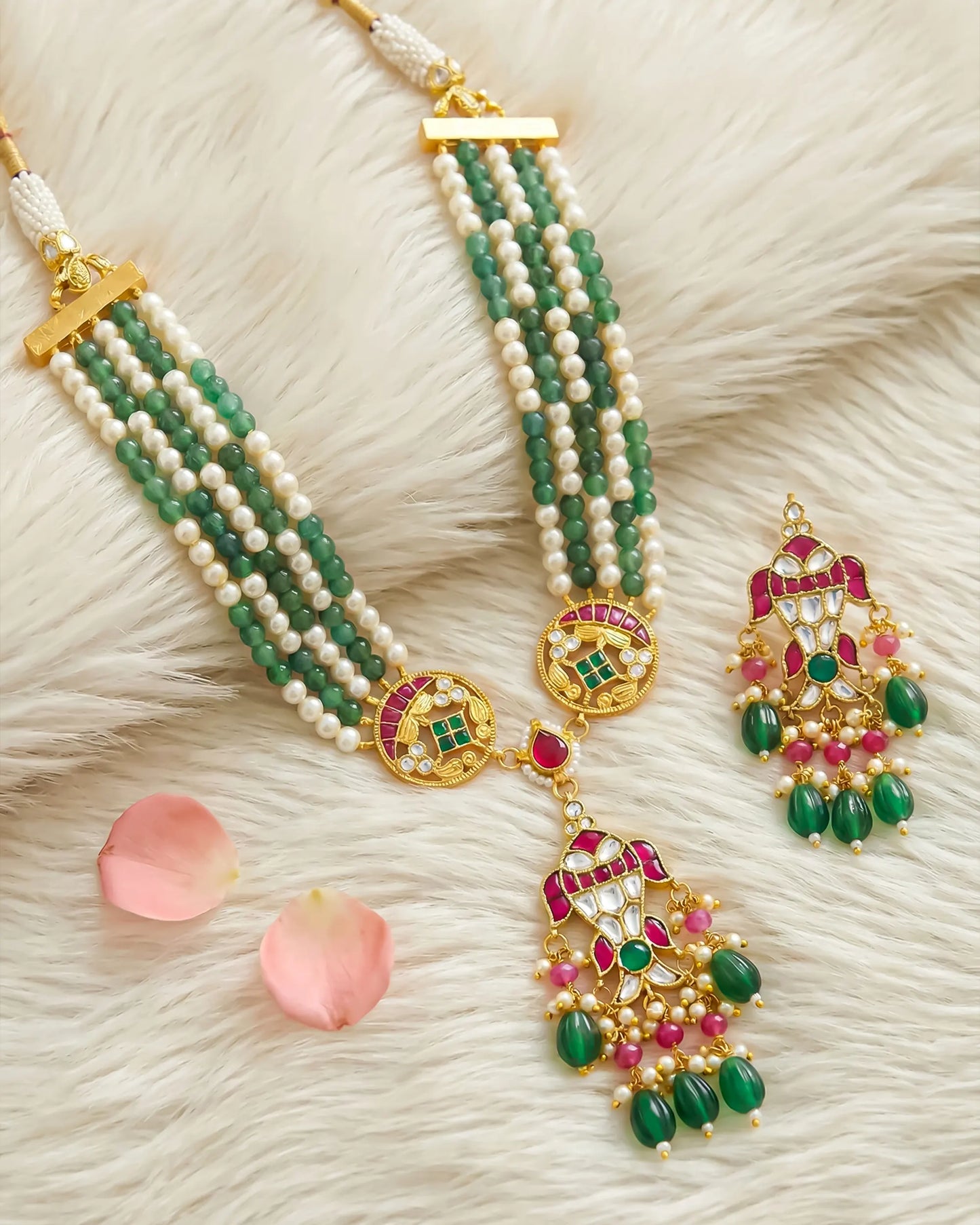 Kundan Meenakari Pearl Green Beaded Necklace Set, Indian Bridal Wedding Jewelry