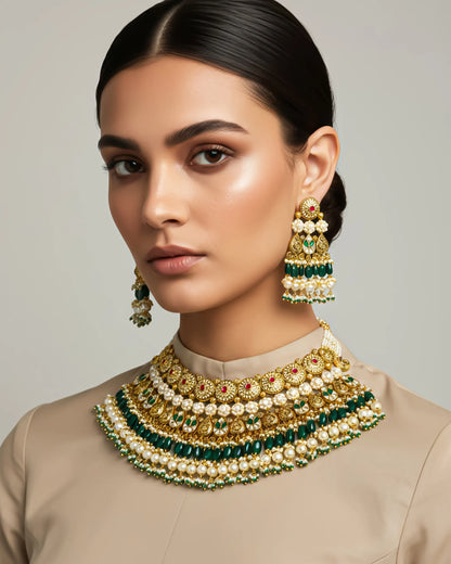 Bridal Pearl Choker Necklace Set, Gold Indian Wedding Jewelry, Kundan Style