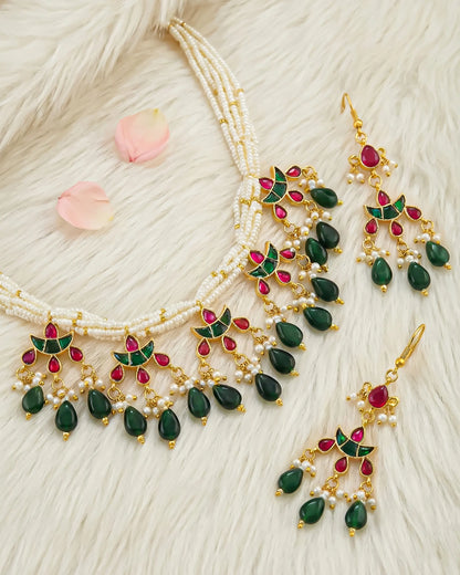 Gold Plated Kundan Pearl Necklace Set, Indian Bridal Choker with Earrings Jewelry