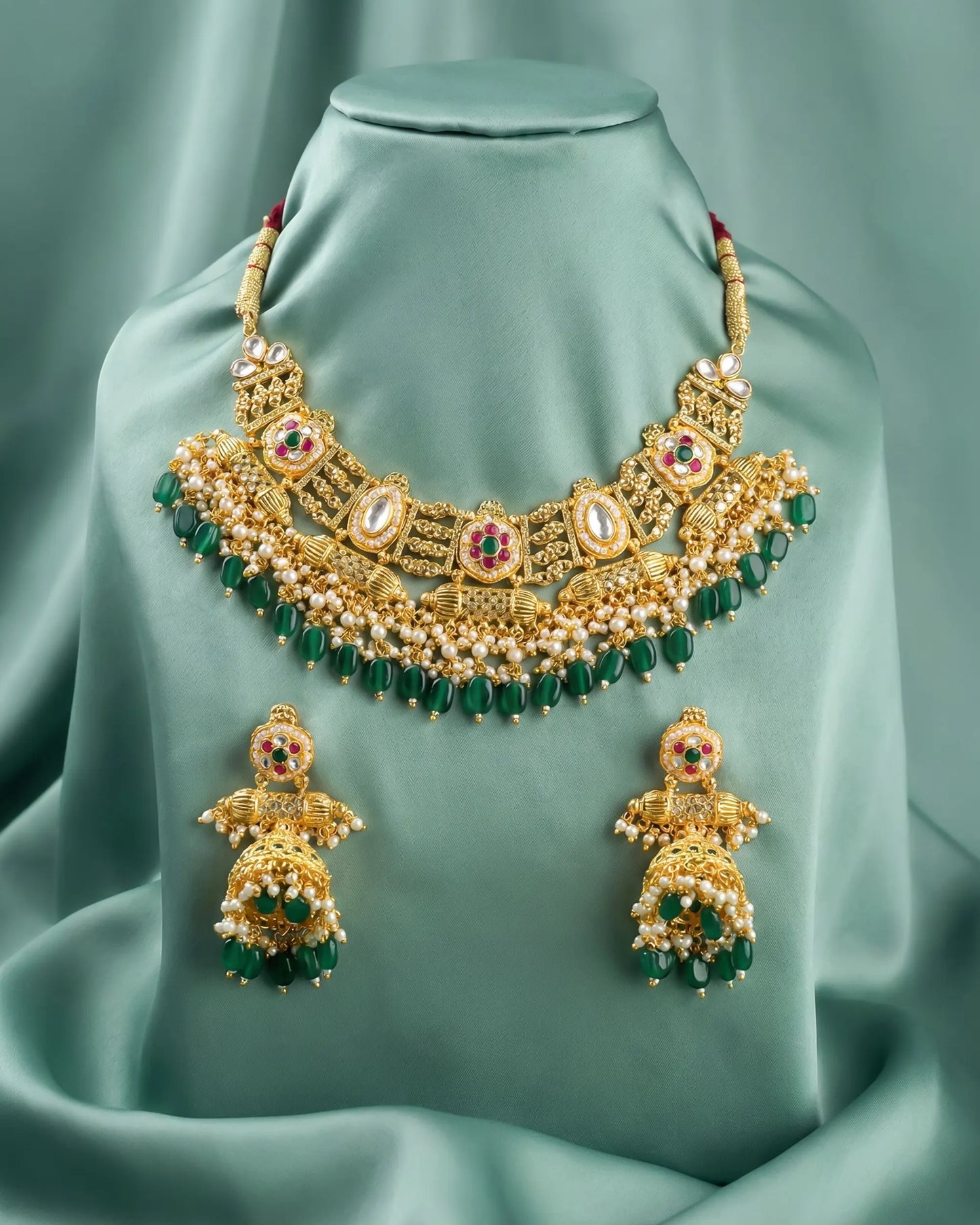 Bridal Kundan Necklace Set, Gold Plated Choker, Green Beaded Indian Wedding Jewelry