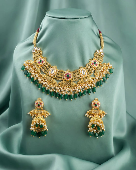 Bridal Kundan Necklace Set, Gold Plated Choker, Green Beaded Indian Wedding Jewelry