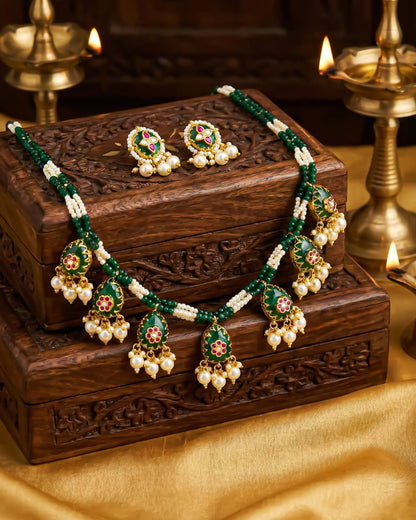 Handmade Kundan Meenakari Pearl Green Beaded Necklace Set, Bridal Wedding Jewelry