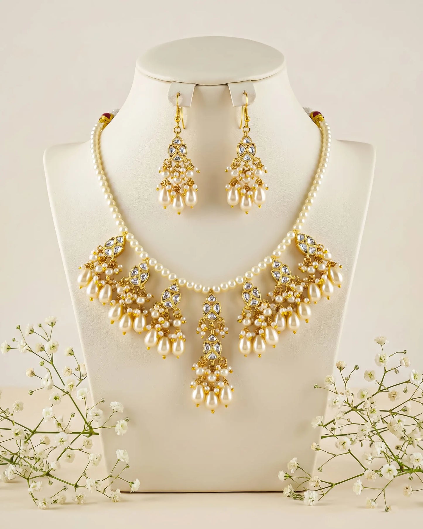 Kundan Meenakari Pearl Necklace Set with Dangle Earrings, Gold Tone Bridal Jewelry