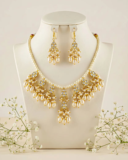 Kundan Meenakari Pearl Necklace Set with Dangle Earrings, Gold Tone Bridal Jewelry