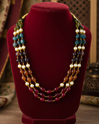 Royal Multi-Color Beaded Groom Mala – Traditional Wedding Necklace with Pearl Accents for Sherwani Jewelry