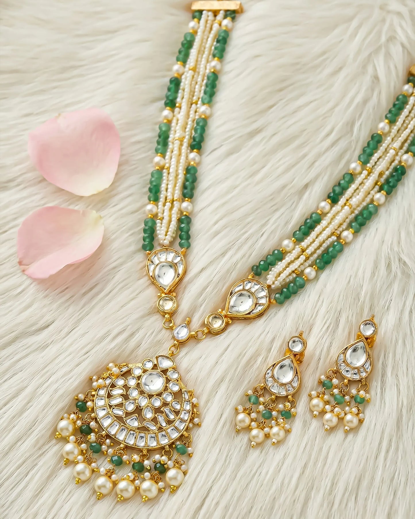 Kundan Pearl Necklace Set, Green Meenakari Ethnic Bridal Jewelry, Multi-Strand Pendant with Earrings