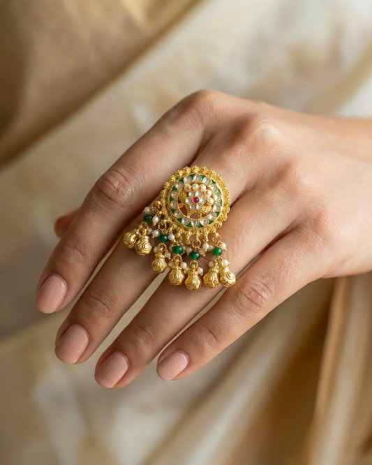 Gold Plated Royal Kundan Polki Pearl Adjustable Ring Jewelry